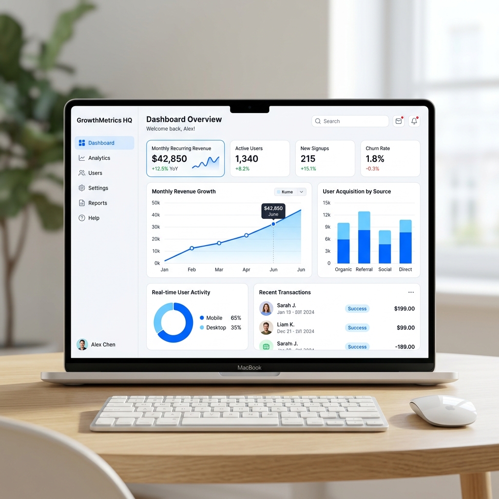Unified growth dashboard mockup on laptop screen