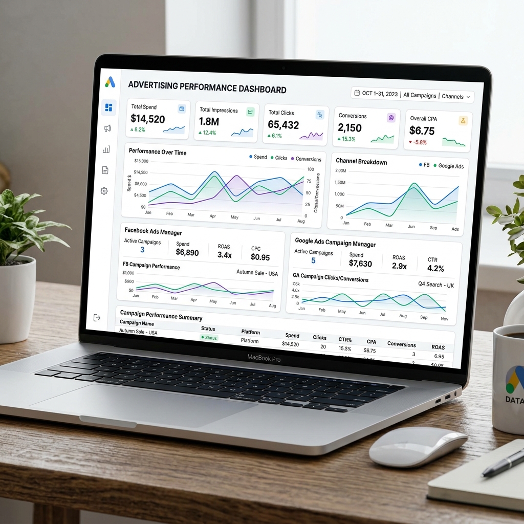 Paid Media Performance Dashboard on laptop screen
